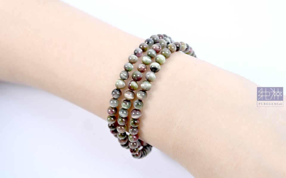 頂級老料貓眼西瓜碧璽三圈手珠 老料碧璽、西瓜碧璽,貓眼碧璽