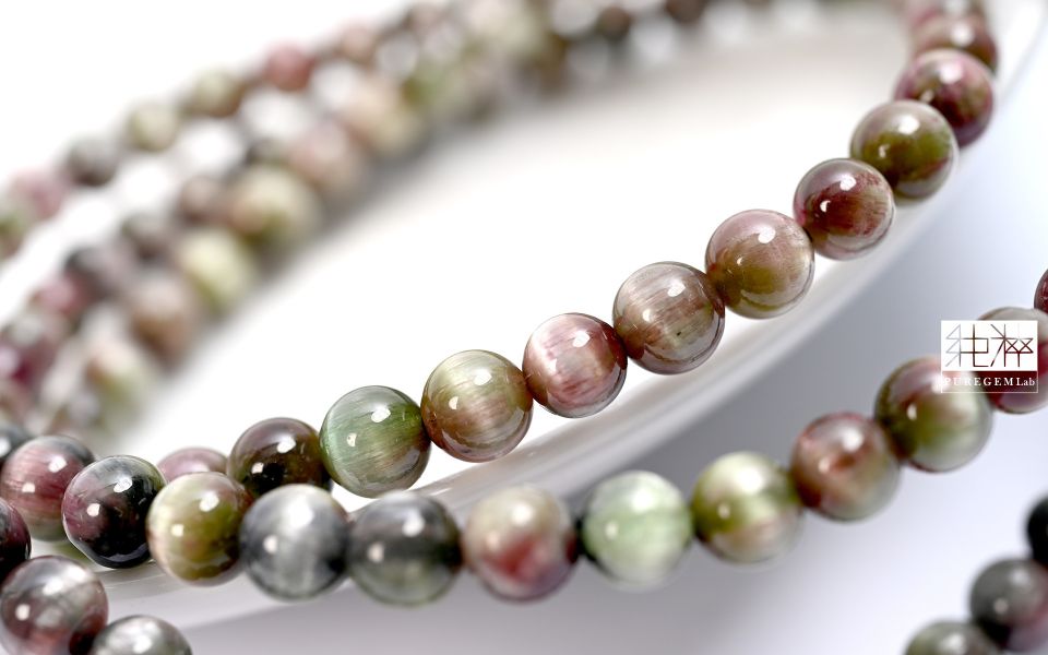 頂級老料貓眼西瓜碧璽三圈手珠 老料碧璽、西瓜碧璽,貓眼碧璽