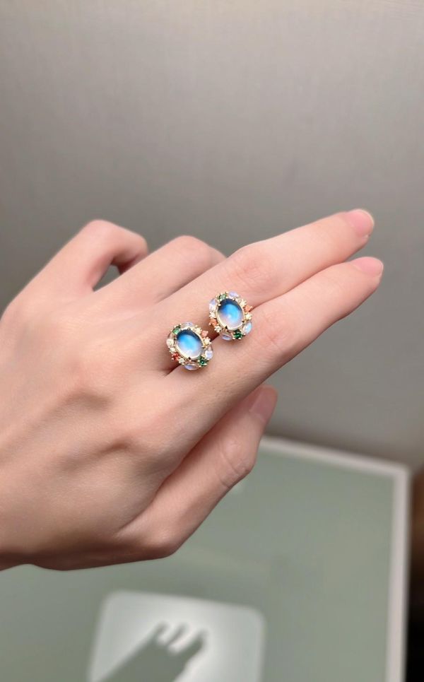 頂級斯里蘭卡玻璃體藍暈月光石18K金耳環 