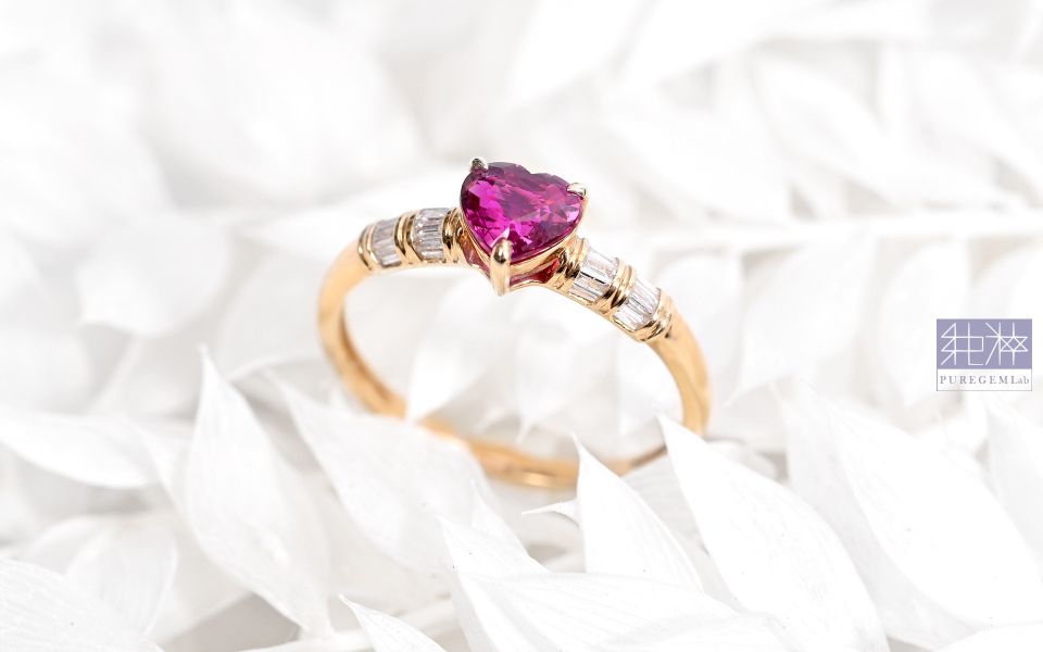 GUILD證 / 頂級天然強螢光無燒鴿血紅稀有愛心切割紅寶石18黃K金真鑽戒 紅寶石,Ruby,剛玉,Corundum