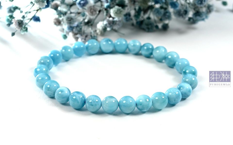 頂級天然微玉化濃郁拉利瑪手珠 拉利瑪,海紋石,Larimar,藍色針鈉鈣石,多明尼加共和國,亞特蘭提斯之石