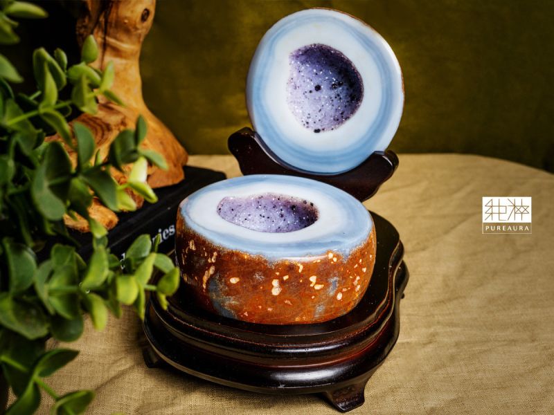 直播-頂級藍紫瑪瑙聚寶盆(含木座) 瑪瑙、聚寶盆