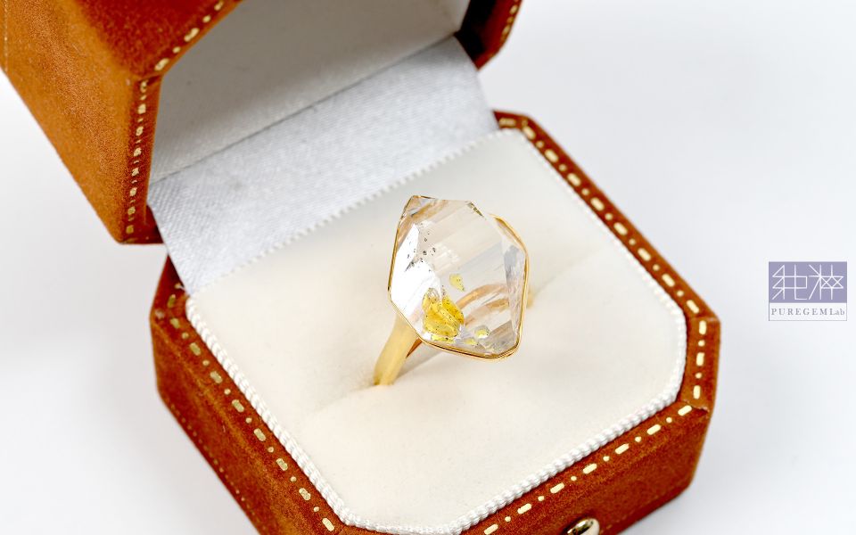 極稀有珍品 / 頂級天然特殊油膽與水膽共生雙尖水晶18K金戒 白水晶,Quartz,Rock Crystal,油膽,水膽,雙尖水晶