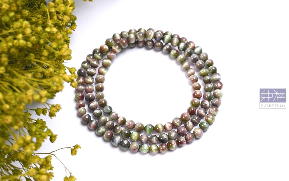 頂級老料貓眼西瓜碧璽三圈手珠 老料碧璽、西瓜碧璽,貓眼碧璽