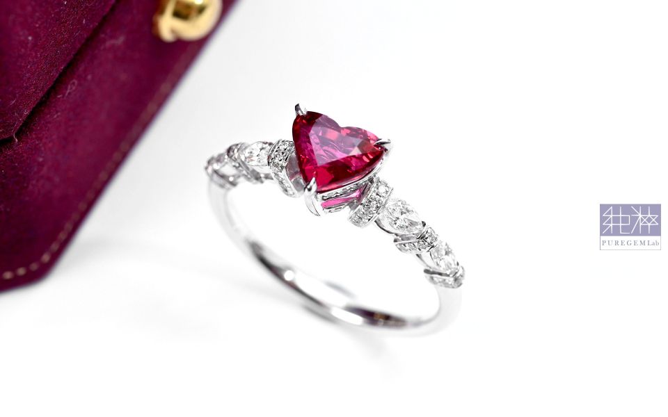GUILD證 / 頂級天然強螢光無燒鴿血紅稀有愛心切割紅寶石18K金真鑽戒 紅寶石,Ruby,剛玉,Corundum