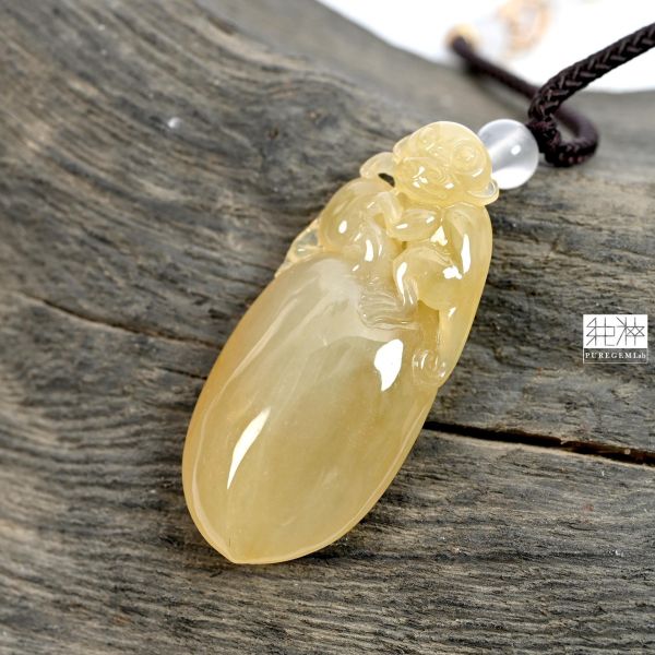頂級天然緬甸A貨冰糖黃翡壽猴如意翡翠墜 黃翡,翡翠