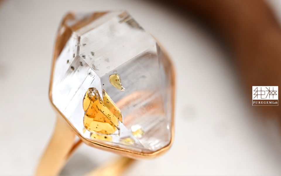 極稀有珍品 / 頂級天然特殊油膽與水膽共生雙尖水晶18K金戒 白水晶,Quartz,Rock Crystal,油膽,水膽,雙尖水晶