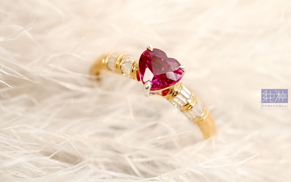GUILD證 / 頂級天然強螢光無燒鴿血紅稀有愛心切割紅寶石18黃K金真鑽戒 紅寶石,Ruby,剛玉,Corundum