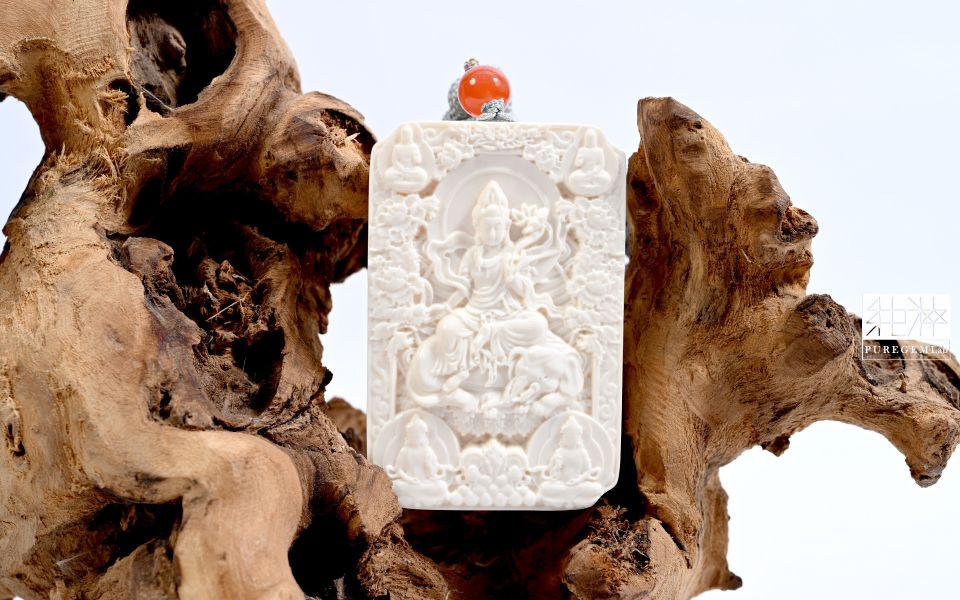 純粹寶石實驗室認證 / 頂級稀有猛瑪象牙普賢觀音雕件墜 猛瑪象牙,Mammoth Ivory,化石,象牙,西伯利亞,長毛象,普賢菩薩,屬龍,屬蛇,龍,蛇