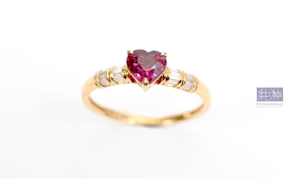 GUILD證 / 頂級天然強螢光無燒鴿血紅稀有愛心切割紅寶石18黃K金真鑽戒 紅寶石,Ruby,剛玉,Corundum