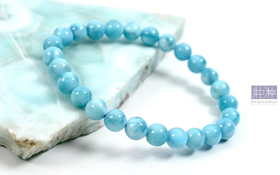 頂級天然微玉化濃郁拉利瑪手珠 拉利瑪,海紋石,Larimar,藍色針鈉鈣石,多明尼加共和國,亞特蘭提斯之石