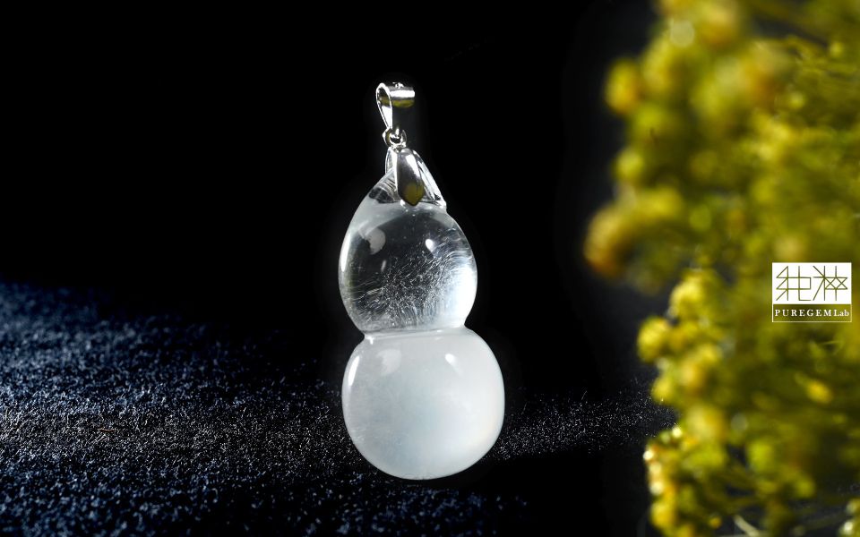 頂級淨體白兔毛福祿葫蘆墜 髮晶,白髮晶,銀髮晶,白兔毛髮晶,Quartz with Inclusions