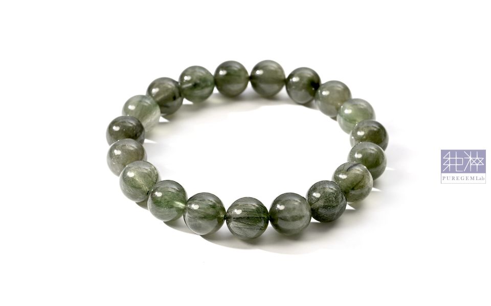 頂級天然抹茶濃綠色綠髮晶手珠 綠髮晶,綠兔毛髮晶,Quartz with Actinolite inclusions