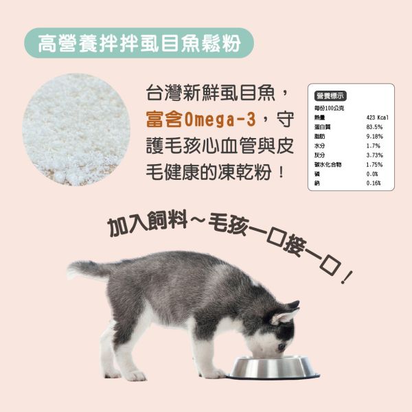 原肉鮮切系列-高營養拌拌虱目魚鬆  80g/包 虱目魚鬆,高營養寵物零食,補充DHA寵物零食,補充DHA的寵物凍乾魚鬆,狗狗貓咪營養補充零食推薦,MIT製作天然虱目魚鬆凍乾,無添加無防腐劑高營養寵物零食