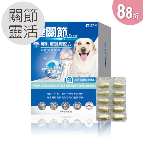88折優惠 犬貓適用 | 健關節Plus-專利蛋殼膜/高齡關節好靈活配方 / 50粒裝(盒) 毛孩寶,蛋殼膜,健關節,蛋殼膜功效,關節退化/發炎,膠原蛋白,酪蛋白磷酸胜,紐西蘭綠貽貝,甲基硫醯基甲烷,適口性佳,蛋殼膜關節配方,貓狗關節保養品,維持關節的靈活性,提升肌腱柔韌性,高純度,給足有效劑量,全面性補足營養,SGS 檢驗合格