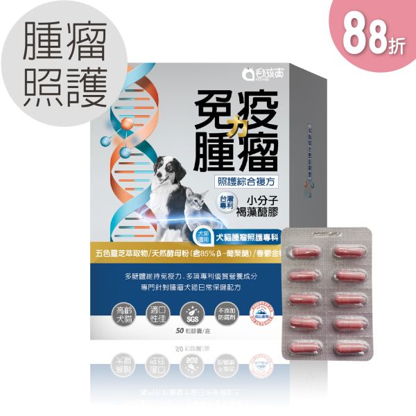 88折優惠 犬貓適用 | 免疫力腫瘤照護膠囊-台灣專利小分子褐藻糖膠 / 50粒裝(盒) 孩寶,犬貓免疫力保健,寵物腫瘤照護,褐藻糖膠膠囊,寵物保健品,高齡犬貓保健,犬貓免疫力提升膠囊,寵物手術後保健品,高齡犬貓免疫保健,天然褐藻糖膠推薦,寵物靈芝保健品,狗狗手術後如何提升免疫力,貓咪腫瘤照護保健品推薦,高齡犬貓免疫力下降怎麼辦,褐藻糖膠對寵物有什麼好處,靈芝與葡聚糖在寵物保健中的作用