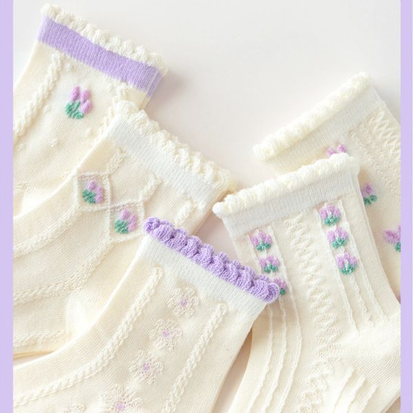 /加大碼/透氣舒適 紫色小花網眼襪-一組五雙 