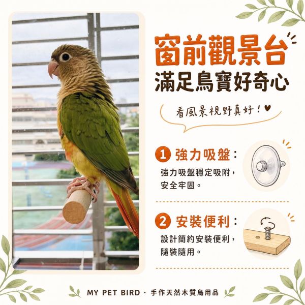 W803A 寵物鳥吸盤站架 鸚鵡吸盤站棍, 鳥用吸盤站架, 玻璃站棍, 鸚鵡觀景站架, 鳥用原木棲木, 文鳥站棍, 中小型鸚鵡用品, MY PET BIRD
