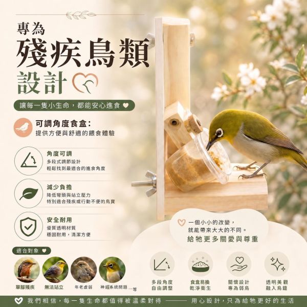 Z064 專為老病殘鳥寶友善設計｜彈性調角度讓進食更輕鬆 殘疾鳥食盒
鳥類特殊食物盒
無障礙鳥食盒
殘疾鳥類飼料盒
特殊需求鳥食盒
鳥類餵食器具
鳥類食物存放盒
支援鳥類飼料盒
殘疾鳥用餵食器
容易使用的鳥類食盒