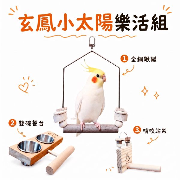 Z105 玄鳳小太陽樂活組 鸚鵡用品,玄鳳站台,鳥寶玩具,鸚鵡餐台,胡桃木站棍,鸚鵡盪鞦韆,MY PET BIRD