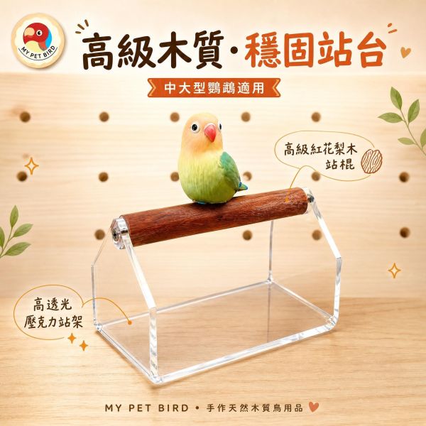 w352 鸚鵡站架｜高透壓克力棲木 質感鳥用站台 鸚鵡站架, 鳥用站台, 高透壓克力站架, 紅花梨木站棍, 花椒木棲木, 中型鸚鵡用品, 寵物鳥站架, MY PET BIRD