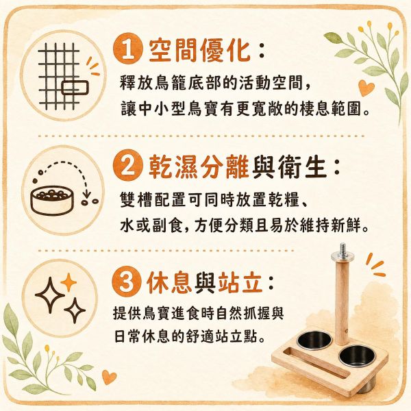 W377C 鸚鵡中置食物架｜雙不鏽鋼食杯、善用籠頂空間 鸚鵡中置食物架, 鳥用不鏽鋼雙碗, 鳥籠節省空間, 鸚鵡防翻食杯, 鸚鵡站架, 鳥籠防噴濺, 中小型鸚鵡用品, 台灣現貨鳥用品