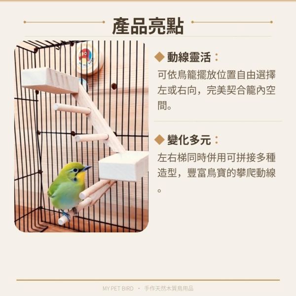 MY PET BIRD 提升綠繡眼鳥籠體驗！創意無限的雙向梯產品 鳥用梯子
小型鳥用梯子
鳥類攀爬梯
鳥籠玩具
天然竹製鳥用梯子
鳥類運動訓練用品
安全可靠鳥用梯子
易於安裝的鳥用梯子
適用於不同大小的鳥籠
高品質鳥用梯子