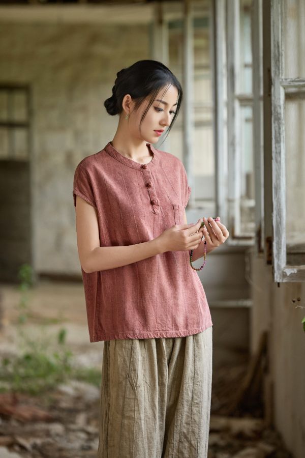 夏棉麻扎染新中式盤扣短袖T恤｜三色 25夏季棉麻女装新款亚麻扎染改良新中式盘扣文艺百搭女式短袖T恤