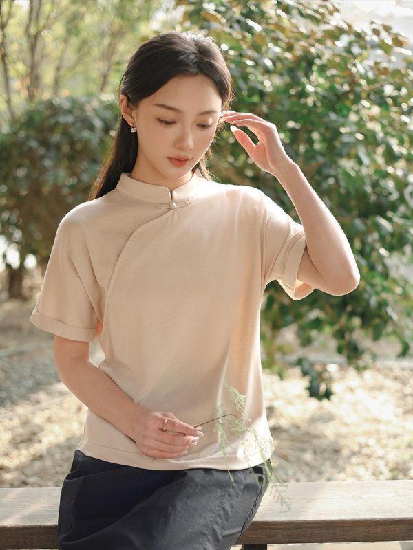 春夏短袖中國風斜開襟棉恤｜兩色 鹿与安笛夏季新款棉麻女装短袖t恤女新中式复古斜开襟中国风上衣