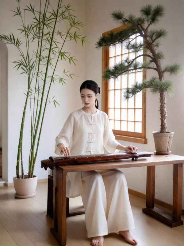 春夏秋杏白圓領盤釦長袍寬褲茶禪套裝 9257云栖茶语新中式圆领禅意套装春秋新款盘扣宽松打坐琴艺练功服