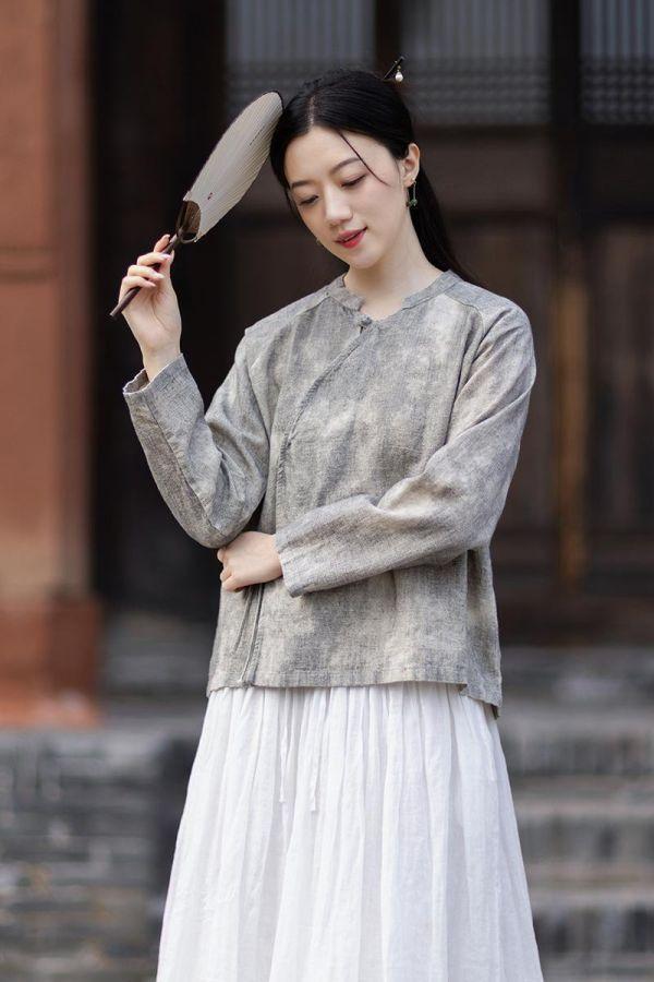 春夏苎麻渲染小衫禪意斜襟繫襯衫｜兩色 26夏女新品苎麻渲染小衫汉服改良斜襟系带衬衫禅意风透气防晒开衫