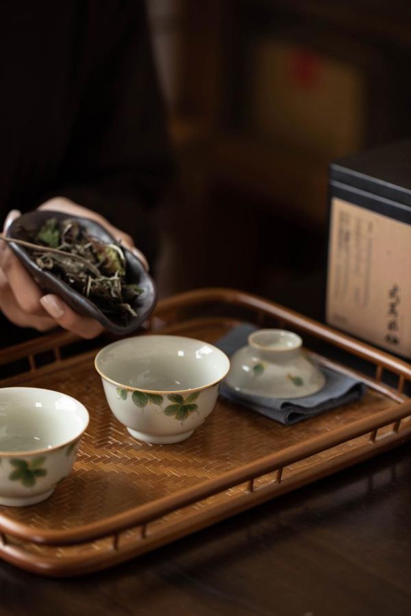 一人飲便攜旅行快客套組｜手繪桂花 一盖碗一杯纯手绘桂花一人饮草木灰主人杯家用陶瓷功夫茶具便携装