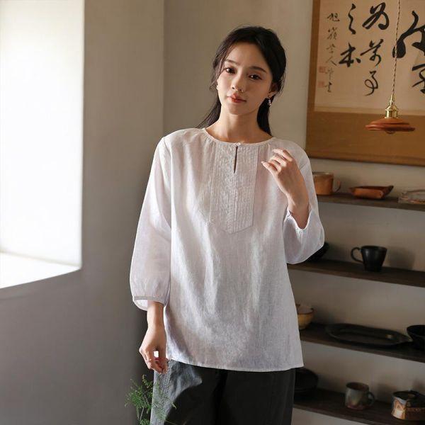 春夏圓領七分袖亞麻寬鬆透氣襯衫｜兩色 鹿与安笛夏季新款圆领七分袖亚麻上衣宽松设计感纯色透气文艺衬衫