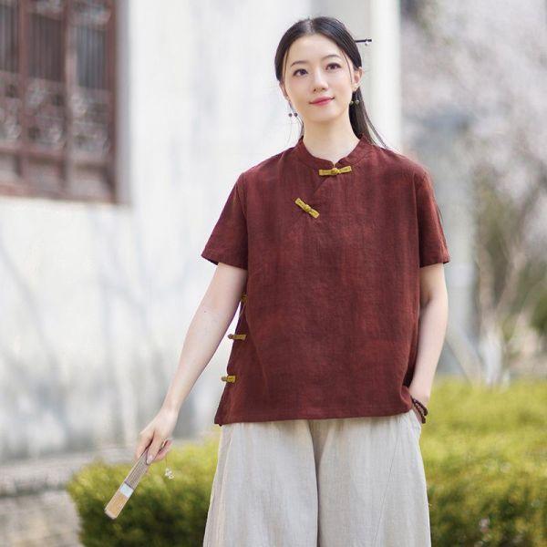 春夏棉麻渲染新中式改良盤釦禪意上衣｜三色 26夏季棉麻女装新款小衫苎麻渲染新中式改良斜襟盘扣T恤禅意上衣