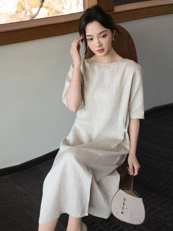 春夏亚麻短袖顯瘦掐腰連衣裙｜兩色 鹿与安笛夏季新款亚麻短袖连衣裙高级感气质掐腰显瘦日系a字长裙