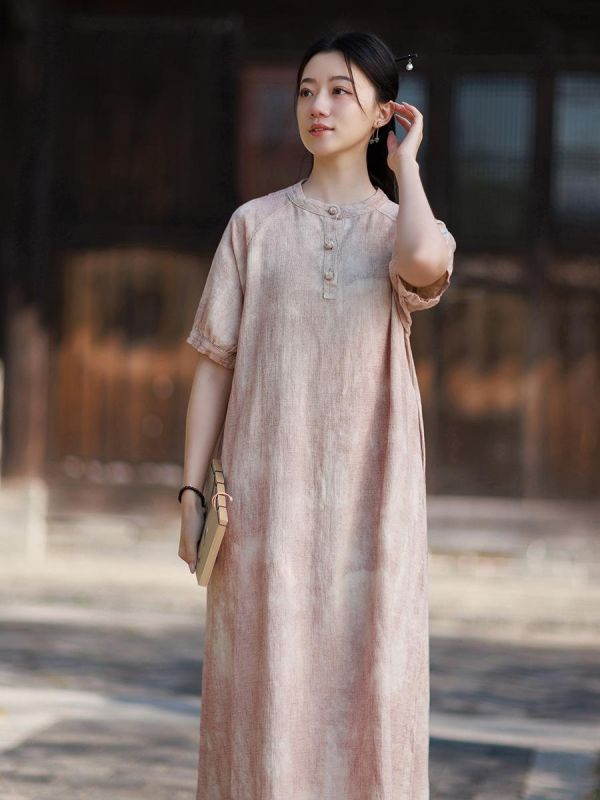 苎麻渲染顯瘦新中式泡泡袖連衣裙｜色 苎麻渲染气质显瘦新中式改良长裙茶歇法式泡泡袖长款连衣裙