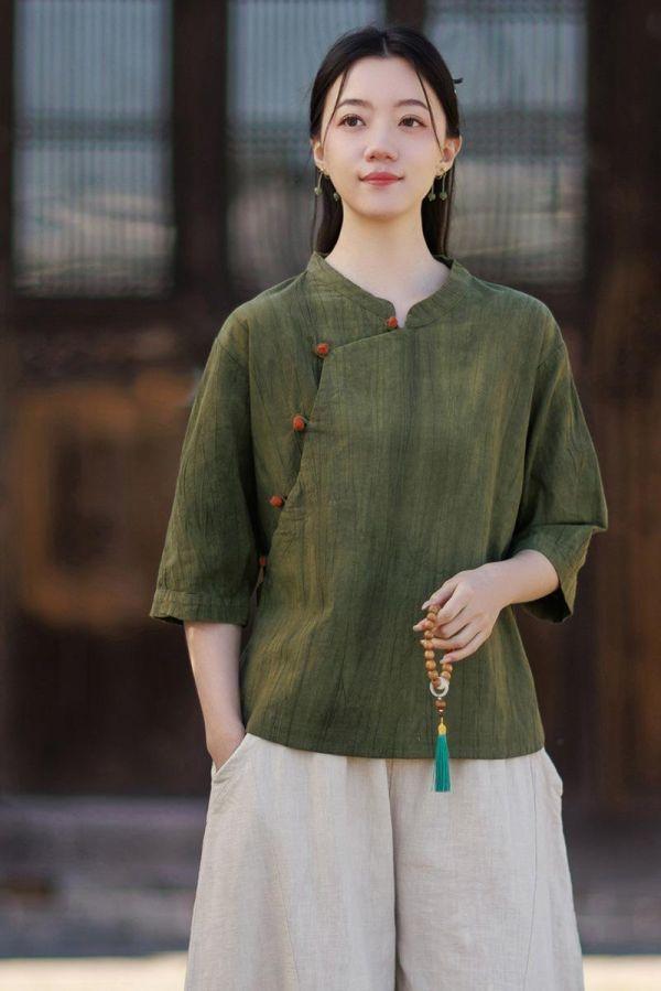 春夏苎麻扎染盘釦宽鬆复古女上衣｜三色 26夏新品苎麻扎染衬衫斜襟盘扣宽松大码复古国风水洗渐变女式上衣