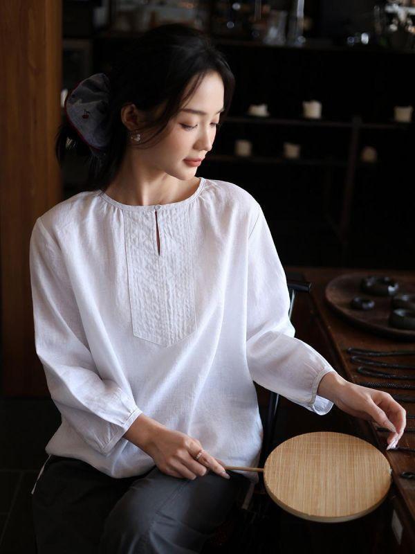 春夏圓領七分袖亞麻寬鬆透氣襯衫｜兩色 鹿与安笛夏季新款圆领七分袖亚麻上衣宽松设计感纯色透气文艺衬衫