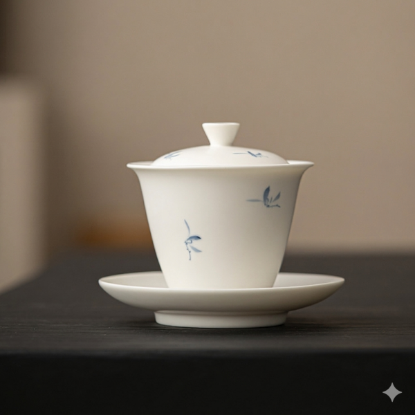 啞光白瓷手繪蘭花三才碗蓋碗01 墨己哑光手绘秋水兰花三才盖碗功夫茶具家用天地盖碗文人泡茶碗