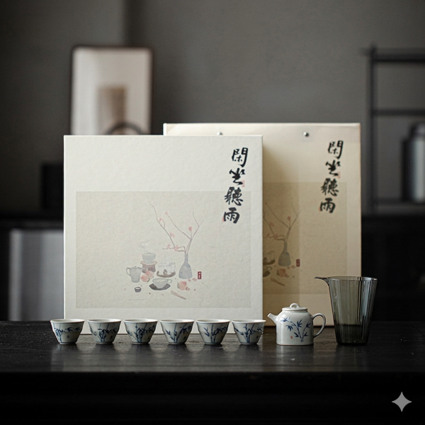 釉下彩手繪小方壺茶具套組（一壺六杯一盅） 弥言釉下彩手绘竹逸茶壶茶具套装手工陶瓷茶壶带过滤家用整套茶具