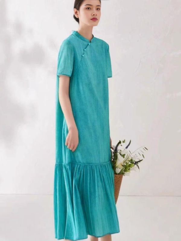 春夏盤釦改良旗袍禅意茶服連衣裙 2507夏季新款盘扣中国风改良旗袍禅意茶服中式文艺连衣裙茶艺中长