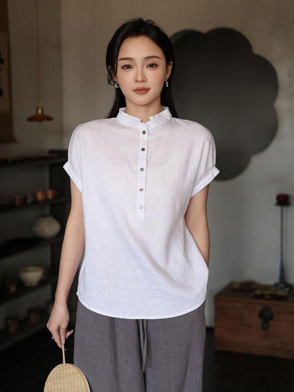 亞麻短袖寬鬆立領復古上衣｜兩色 鹿与安笛女装新款汉麻短袖上衣女夏新中式复古国风设计感收腰t恤