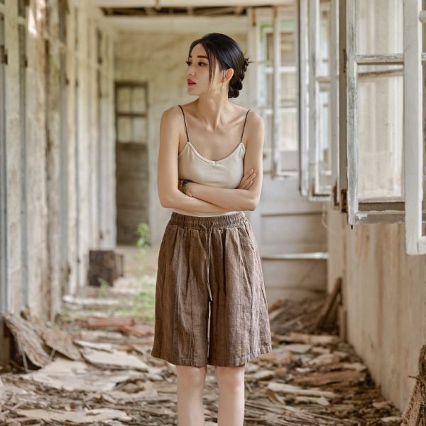 夏苧麻髒染休閒五分褲｜三色 文藝復古,新中式,茶服,森系,顯瘦