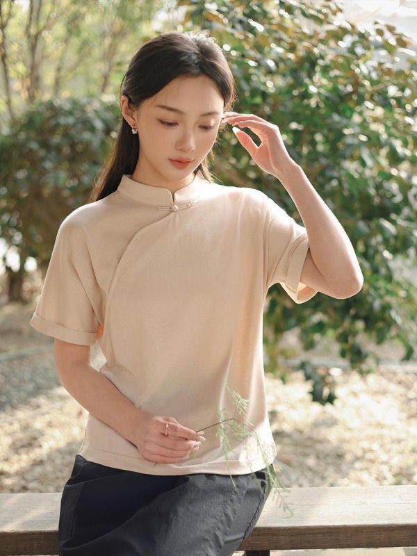 春夏短袖中國風斜開襟棉恤｜兩色 鹿与安笛夏季新款棉麻女装短袖t恤女新中式复古斜开襟中国风上衣