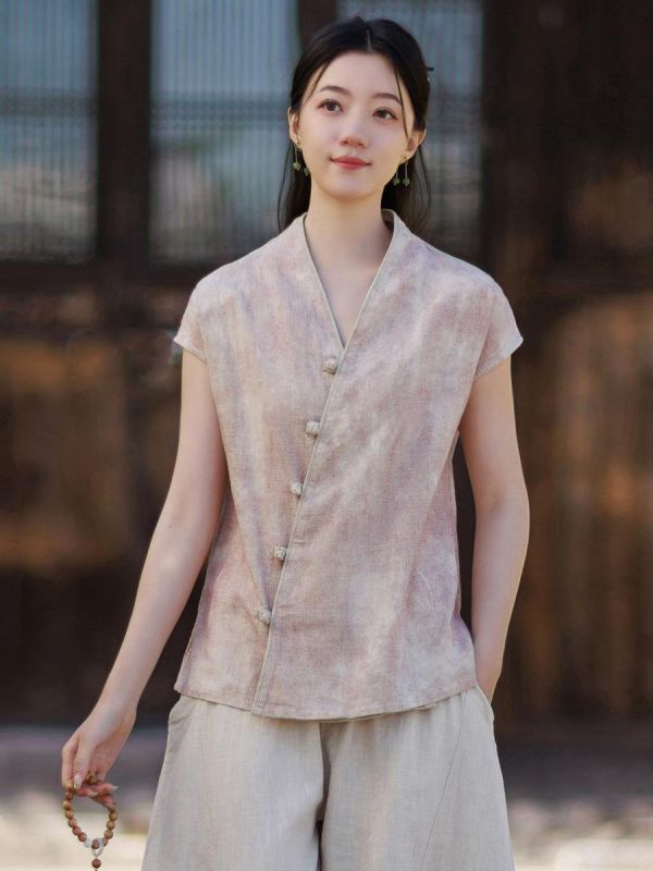 春夏V领無袖苎麻渲染新中式開衫｜三色 26夏女新款V领无袖衬衫苎麻渲染新中式汉服改良上衣个性百搭开衫