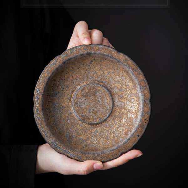 中式粗陶仿古鑄器鎏金壺承 中式粗陶壶承茶承家用养壶托茶壶垫子功夫茶具配件陶瓷盘子小茶台