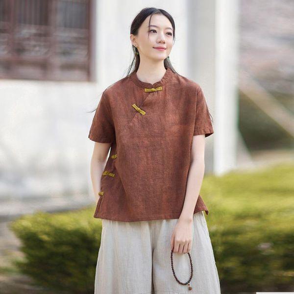 春夏棉麻渲染新中式改良盤釦禪意上衣｜三色 26夏季棉麻女装新款小衫苎麻渲染新中式改良斜襟盘扣T恤禅意上衣