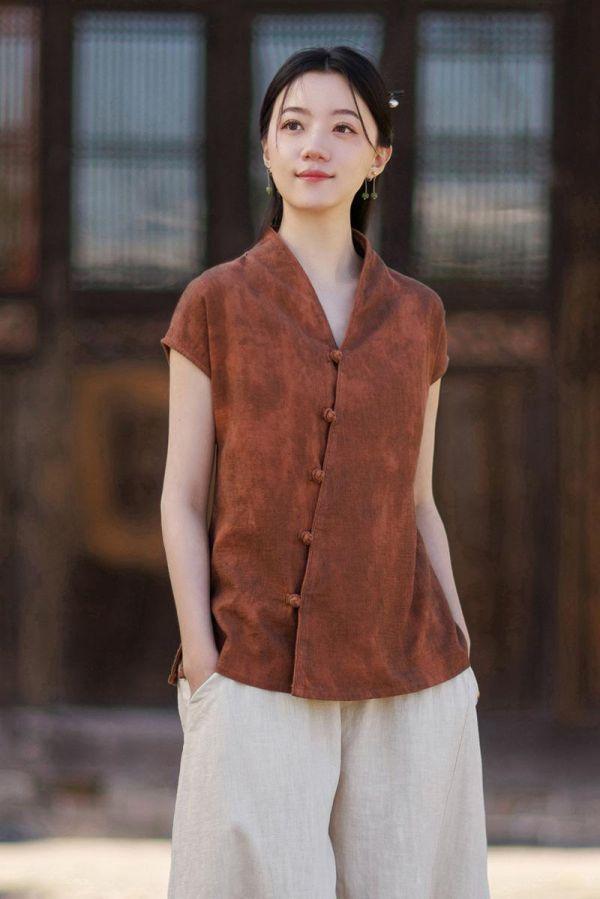 春夏V领無袖苎麻渲染新中式開衫｜三色 26夏女新款V领无袖衬衫苎麻渲染新中式汉服改良上衣个性百搭开衫
