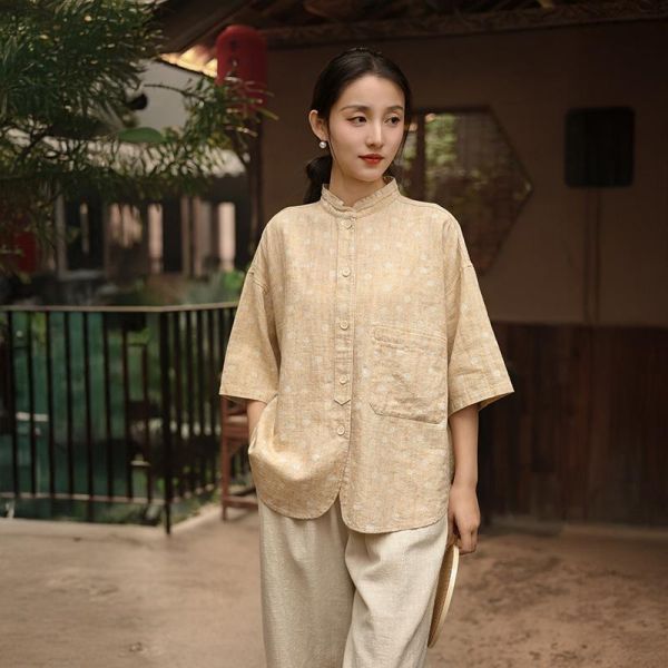 春季棉麻印花七分袖新中式襯衫｜兩色 春季新款棉麻女装衬衫苎麻印花七分袖高级感新中式衬衣女