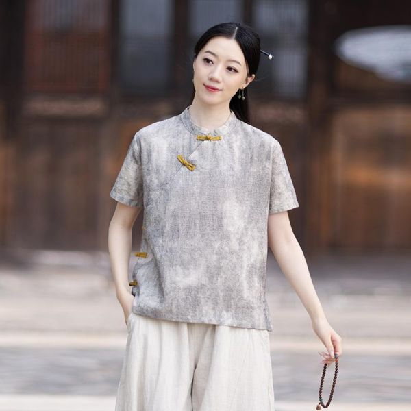 春夏棉麻渲染新中式改良盤釦禪意上衣｜三色 26夏季棉麻女装新款小衫苎麻渲染新中式改良斜襟盘扣T恤禅意上衣